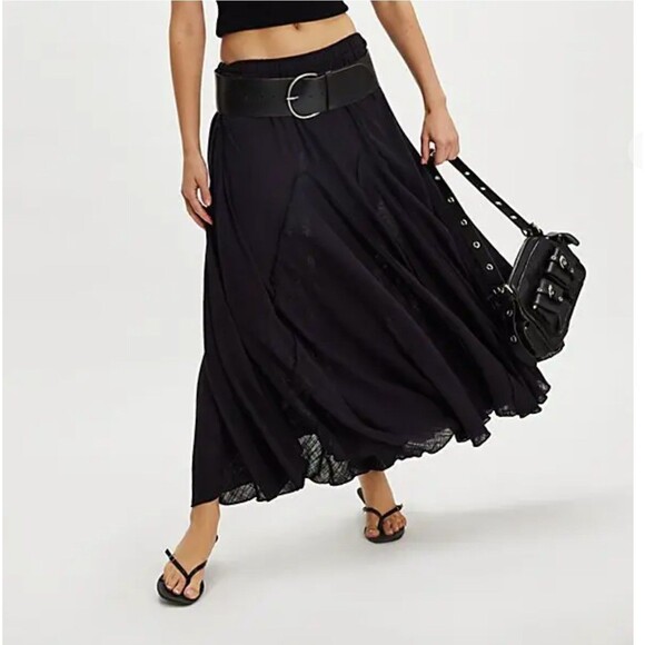 Free People Madras That Solid Linen Maxi Skirt A Line Godet Mid Rise S 284927